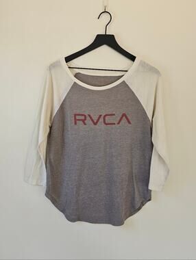 *FINAL PRICE DROP* RVCA Gray And White Raglan Long Sleeve Tee with Red Logo